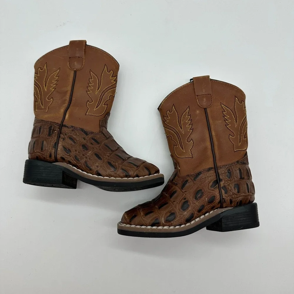 Old west toddler boys 6.0-D side zip exotic print brown square toe